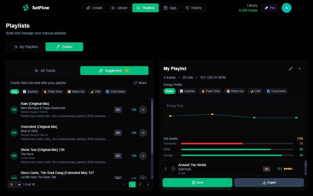 Manual playlist builder with AI-suggested tracks, harmonic compatibility scores, energy flow chart, and set quality metrics