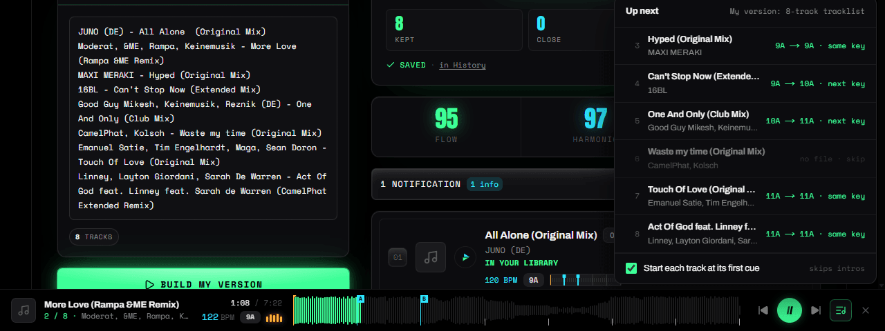 A SetFlow set playing in order, with the Up next list and the player waveform showing cue points
