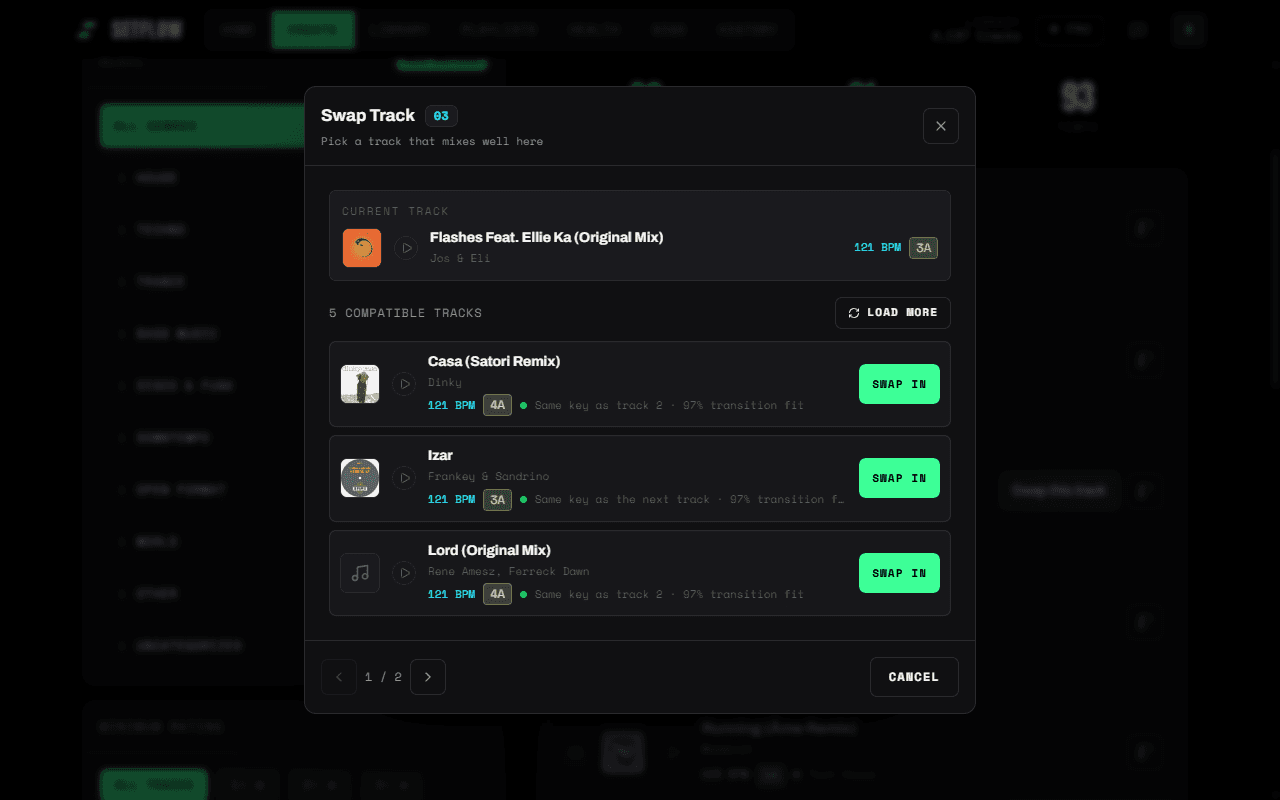 The Swap Track modal over a generated set — the current track plus ranked compatible tracks, each with cover art, key, BPM and its transition-fit reason