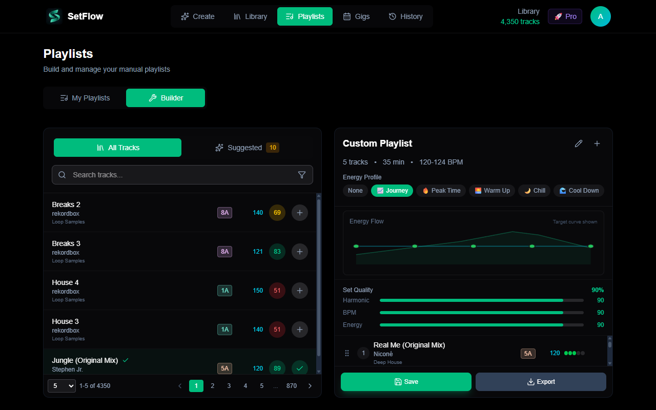 The playlist builder showing the Builder tab with tracks, energy flow chart, quality scores, and energy profile selector