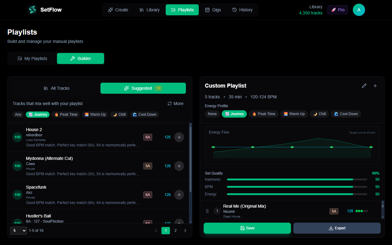 The Suggested tab showing 10 compatible tracks with 100-score matches, energy profile filters, and the energy flow chart