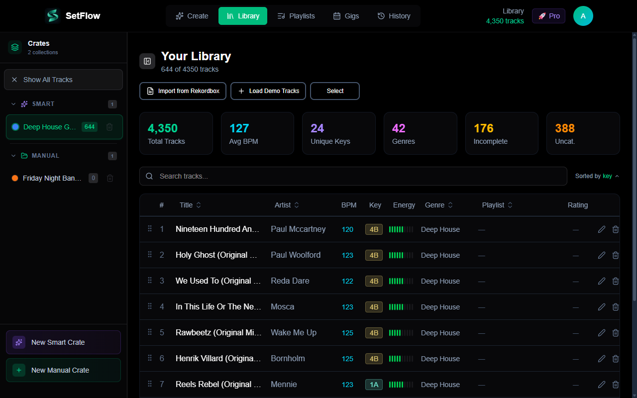 SetFlow library sorted by Camelot key showing tracks grouped by key with BPM, energy, and genre columns