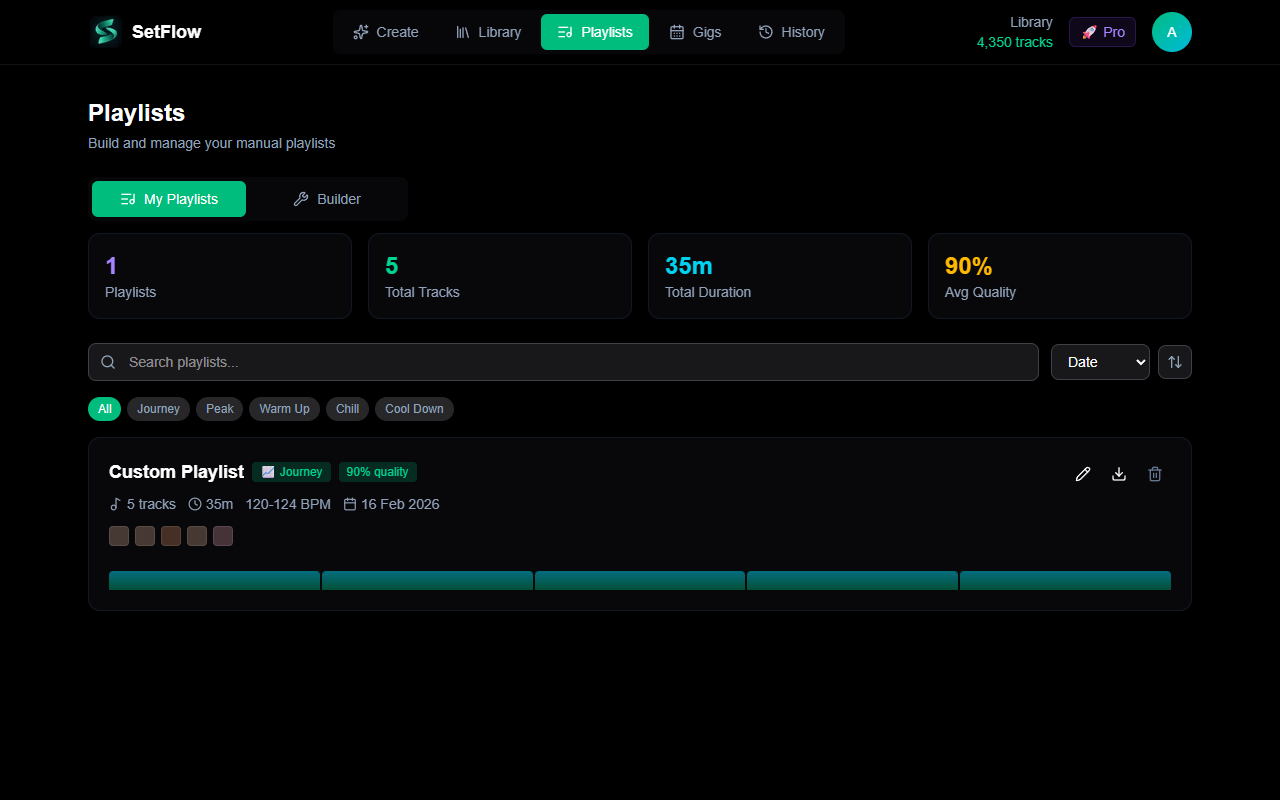 My Playlists tab showing a saved playlist card with Journey energy profile, 90% quality, track count, duration, and BPM range