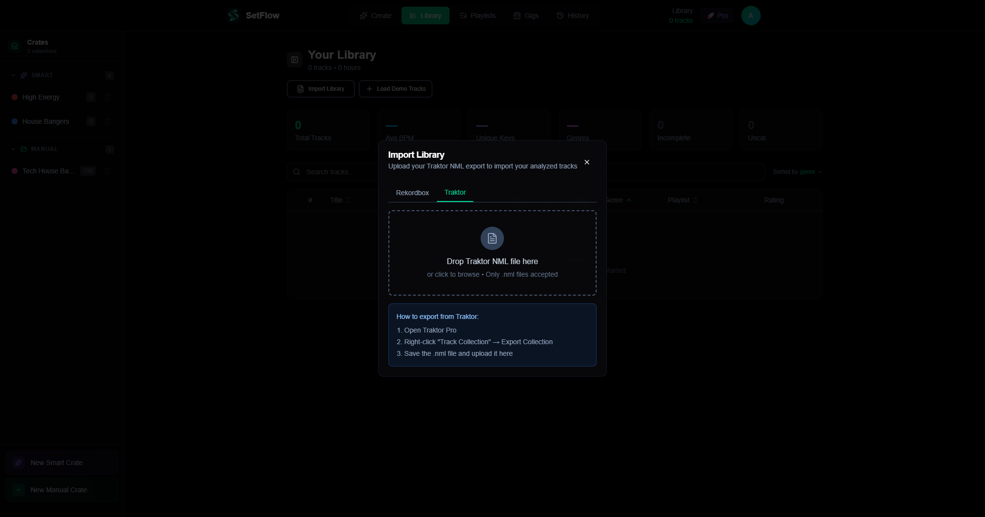 SetFlow import modal showing the Traktor tab with NML file upload area and export instructions