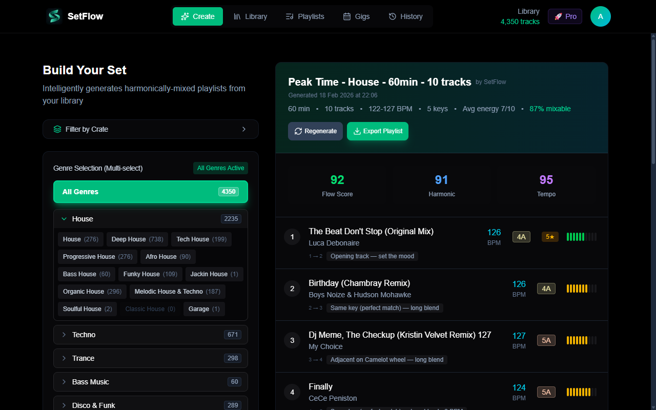 A generated DJ set showing harmonic, flow, and tempo scores for every transition