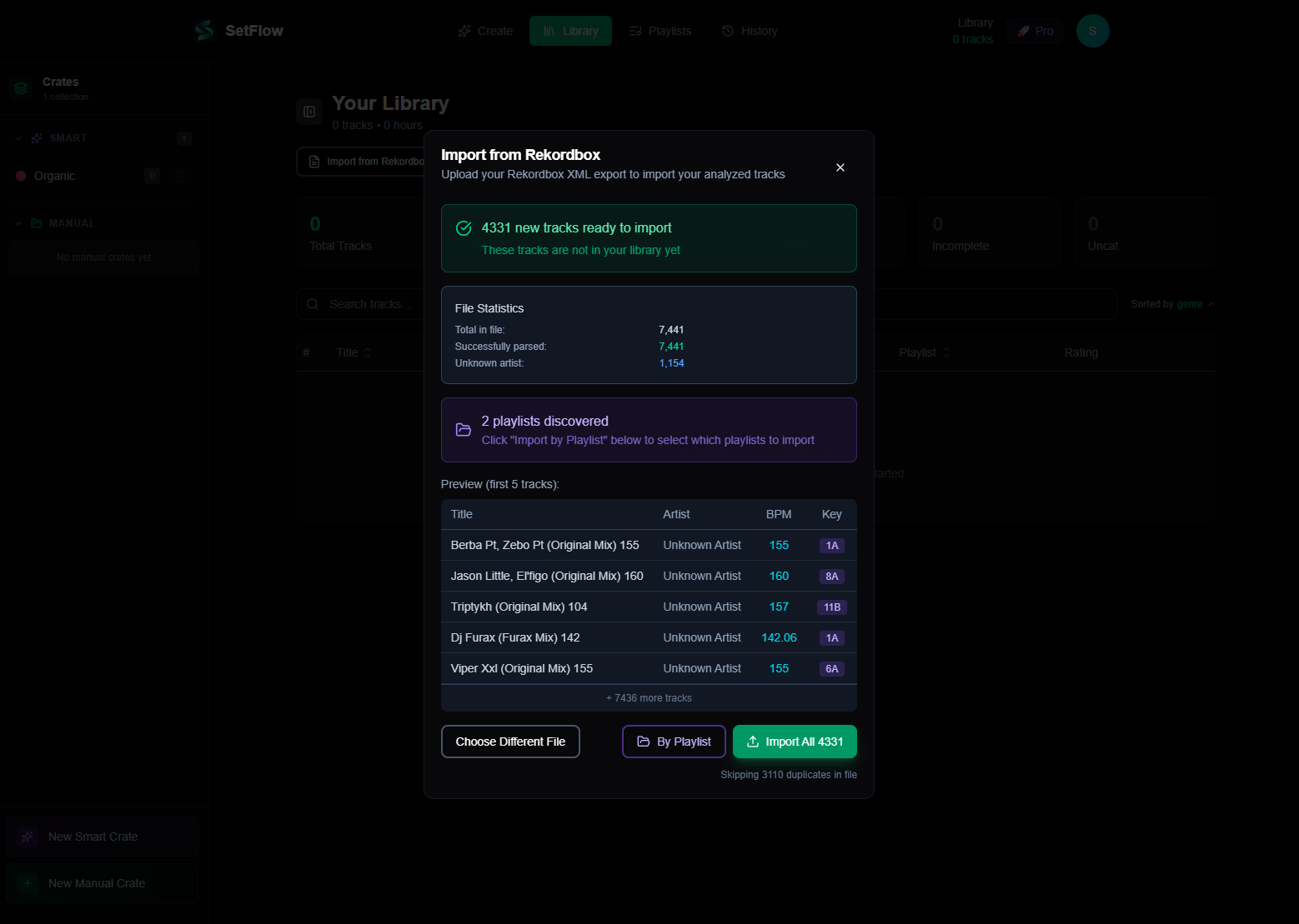 SetFlow Rekordbox XML import screen showing track preview, file statistics, and playlist discovery