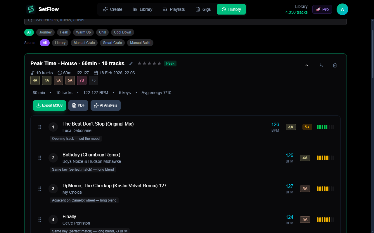 Expanded set view showing transition notes like same key perfect match and adjacent key smooth blend between tracks
